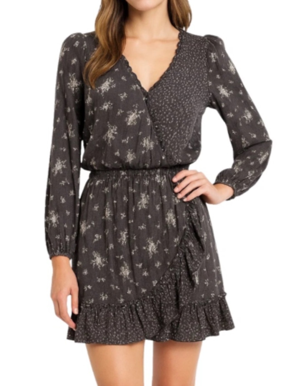 NWT American Eagle printed long sleeve wrap dress mini grey floral Sz XS
